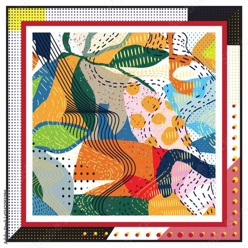 Colorful abstract square scarf design camouflage featuring flowing shapes and patterns in vibrant hues, framed by bold borders, It could be used as a wallpaper, fabric design, pillow cover.