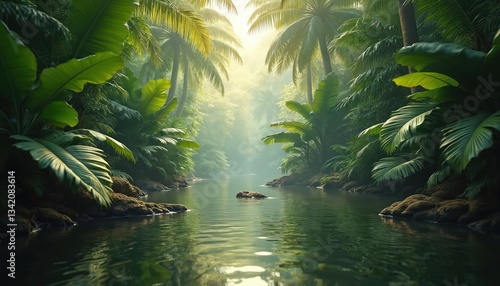 Fototapeta Naklejka Na Ścianę i Meble -  Rich tropical jungle with river, palm trees. Green rainforest landscape with calm waters, stones, dense vegetation. Natural zen background, exotic summer vacation destination, nature exploration.