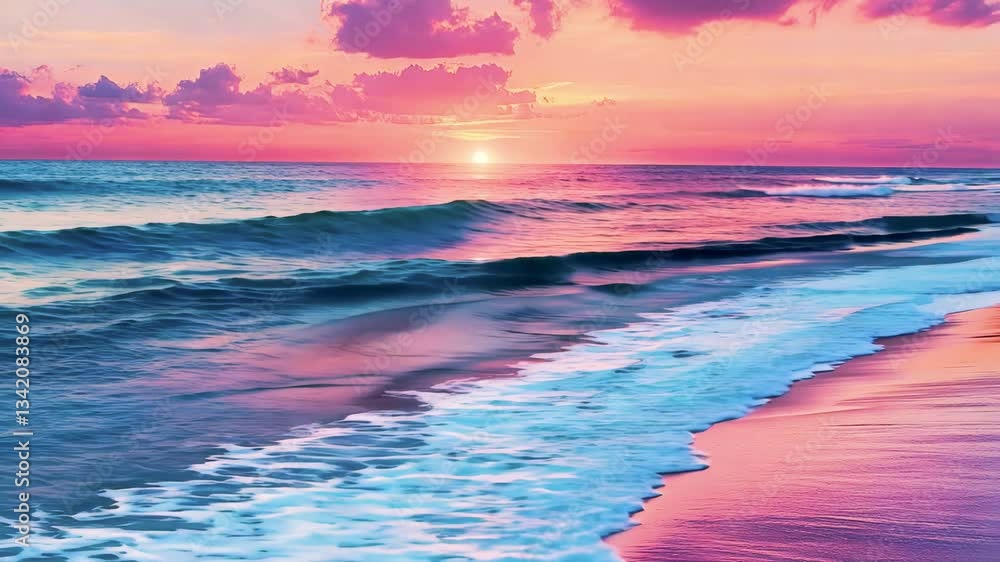 Tropical sunset Close-up view of flickering ocean waves in slow motion, seamless loop background. Sunlight's breathtaking beauty play on a wind wavy ocean surface. 3d render pink sky