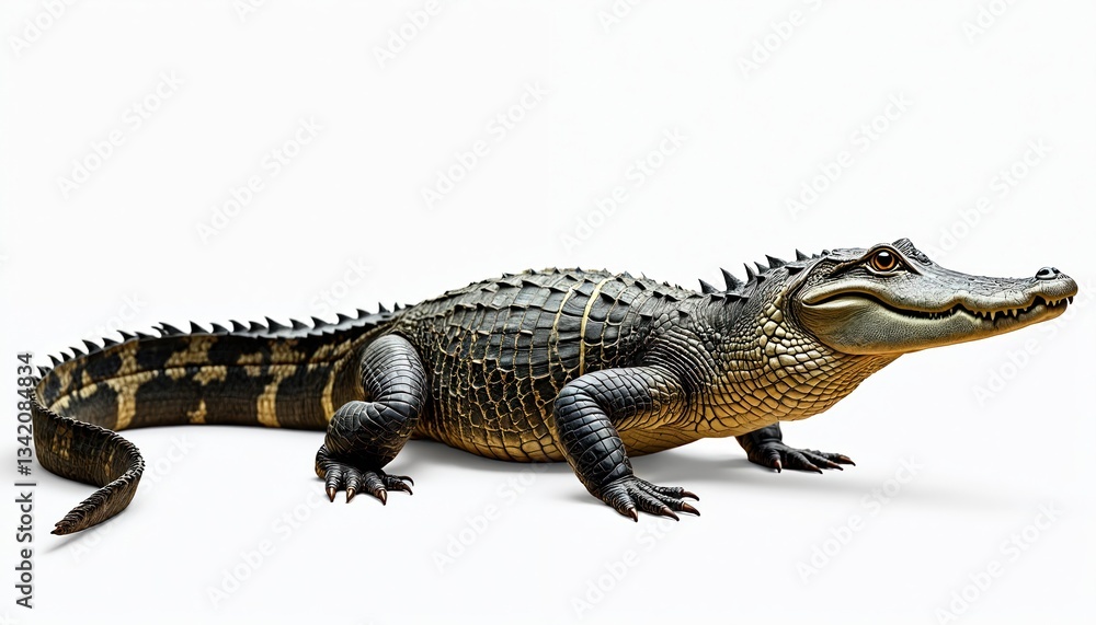 Full body cutout illustration of American alligator on white background. Alligator Mississippiensis reptile features detailed scales. Predator with powerful build. Creature of swamp, wetlands, Full body cutout illustration of American alligator on white background. Alligator Mississippiensis reptile features detailed scales. Predator with powerful build. Creature of swamp, wetlands,