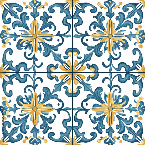 A simple flat 2D vector seamless pattern, Sicilian ceramic style tile with olive-green accents and hand-drawn scrollwork on a white background, vector design.