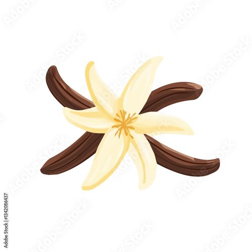 A Simple flat 2D icon vanilla branch and flower isolated on a transparent background, vector, flat design, animation design, simple flat 2D icon, minimalist design, clipart, illustration