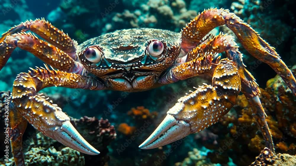 Unique underwater encounter with a colorful crab among vibrant coral reefs at a tropical location Unique underwater encounter with a colorful crab among vibrant coral reefs at a tropical location
