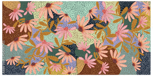 Illustration of seamless pattern in stylized pink flowers with doted textured background in earth tones color, It could be used as a wallpaper, fabric design, pillow cover, or curtains