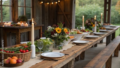 farm-to-table Rustic dining setup with flowers, candles, and fresh produce on a wooden table in a cozy setting.
