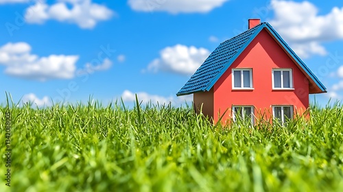 Wallpaper Mural A small red house with blue roof in green tall grass Torontodigital.ca