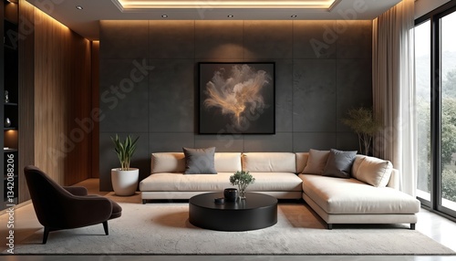 Wallpaper Mural Modern living room interior in neutral color palette. Beige sectional sofa, gray cushions, black round table, potted plant create cosy atmosphere. Abstract painting on wall. Window with curtains Torontodigital.ca