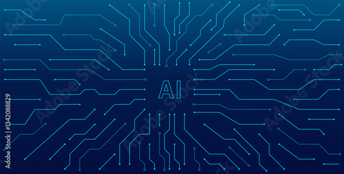 Abstract low-poly technology background. An AI circuit board with electronic elements in electric blue on a tech background. An AI chip or semiconductor connected by lines
