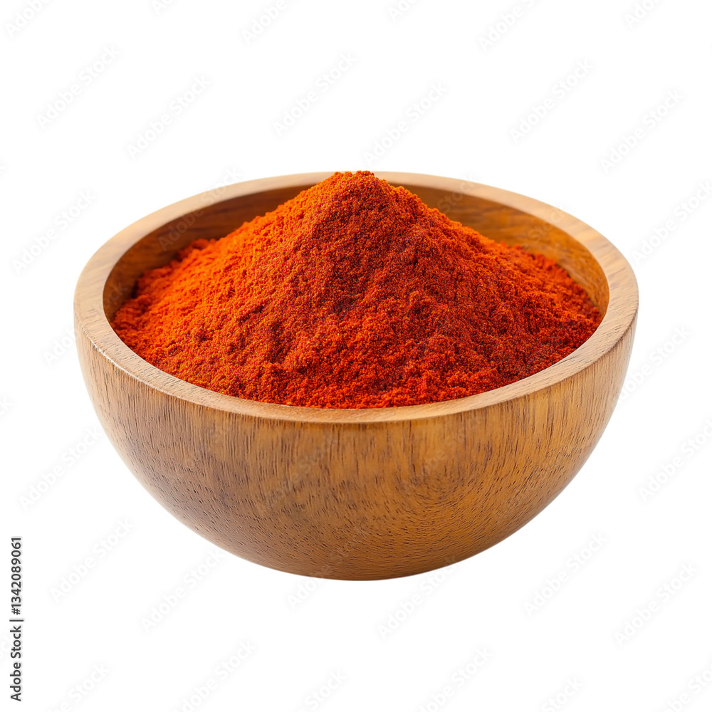 A wooden bowl filled with red chili powder on png and transparent background A wooden bowl filled with red chili powder on png and transparent background