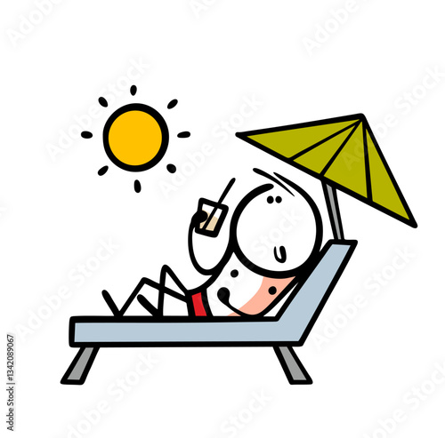 Satisfied stickman in swimming trunks is lying on a chaise longue on the beach and enjoying a drink. Vector illustration of summer, seashore and sun. Isolated cartoon on white background.