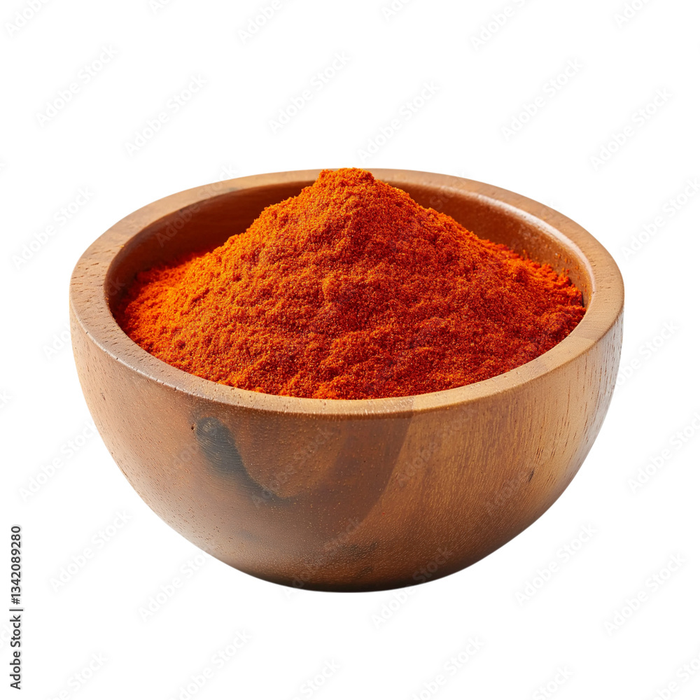A wooden bowl filled with red chili powder on png and transparent background A wooden bowl filled with red chili powder on png and transparent background