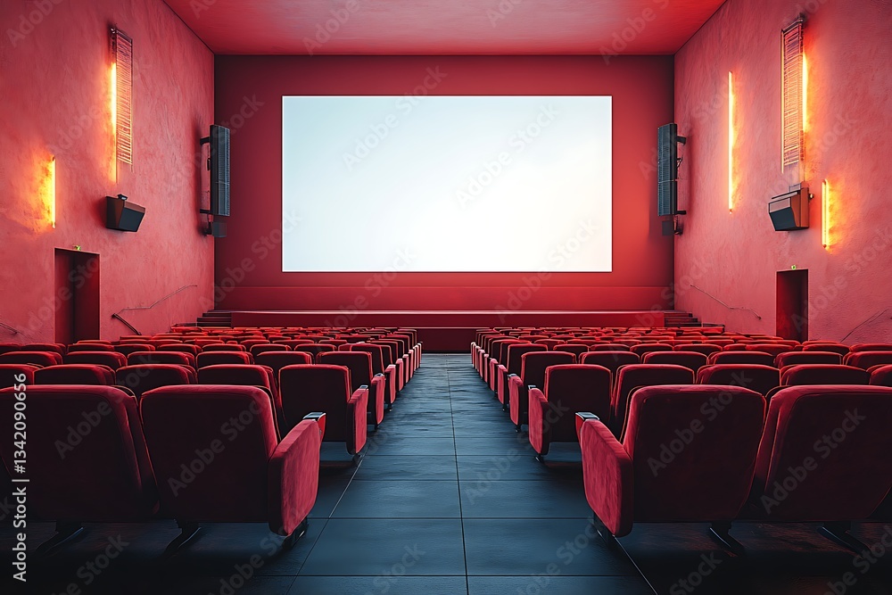 Fototapeta premium Empty Red Cinema Seats Facing Blank Screen Modern Movie Theater Interior