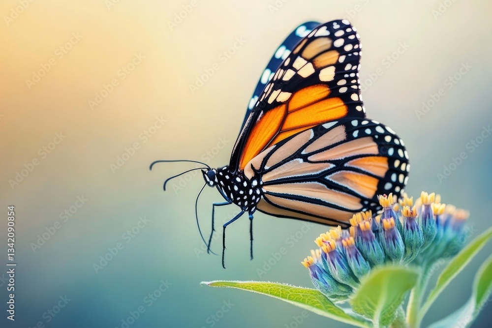 A monarch butterfly with orange and black wings rests on a vibrant blue flower, bathed in soft sunlight. A monarch butterfly with orange and black wings rests on a vibrant blue flower, bathed in soft sunlight.