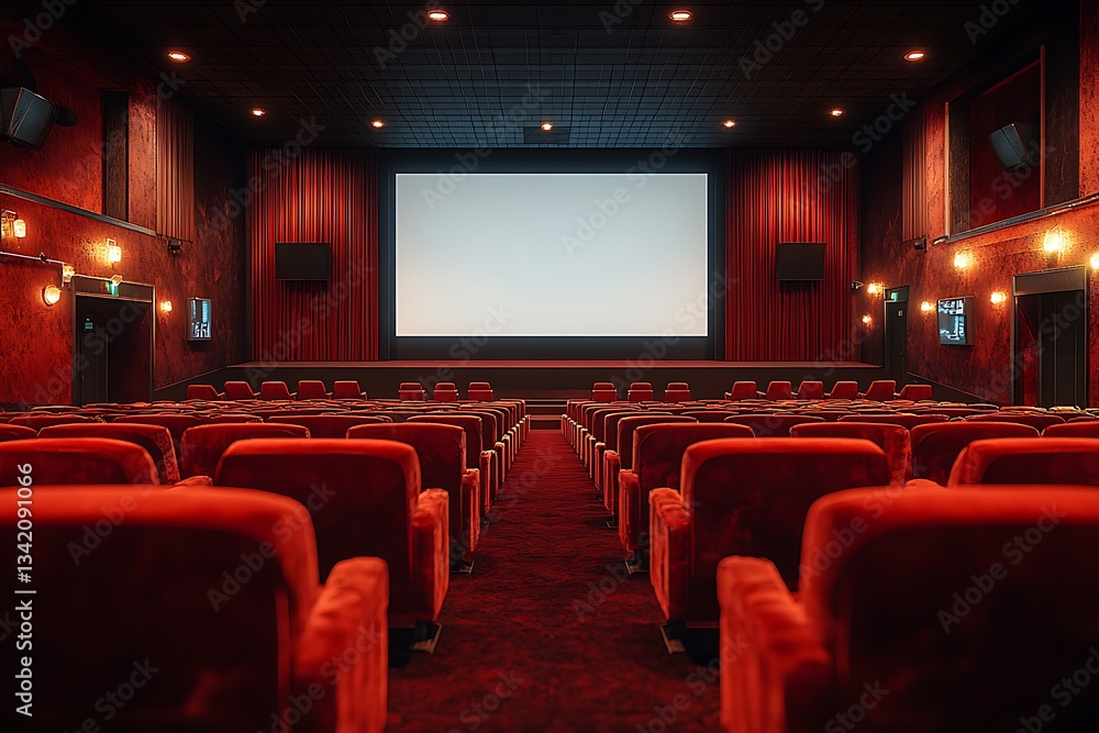 Fototapeta premium Empty Red Velvet Cinema Seats, Movie Theater Interior, Blank Screen