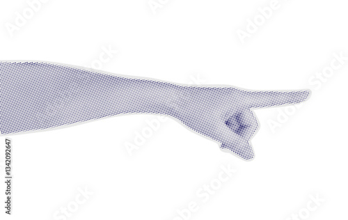 Human hand in dotted halftone pop art style pointing on the right. Halftone woman hand isolated on transparent background. Collage element for posters, banner, mixed media design