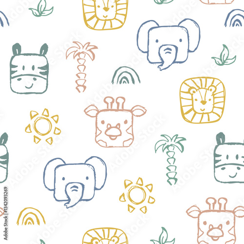 Square face jungle animals seamless pattern. Lion, elephant, giraffe, and zebra hand draw in sketch style. Doodle style line art.
