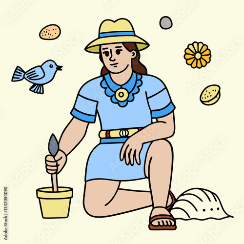 Discovery in a Creative World: An illustrated archeologist at work, unearthing artifacts and exploring the secrets of the past. capturing the process of exploration.