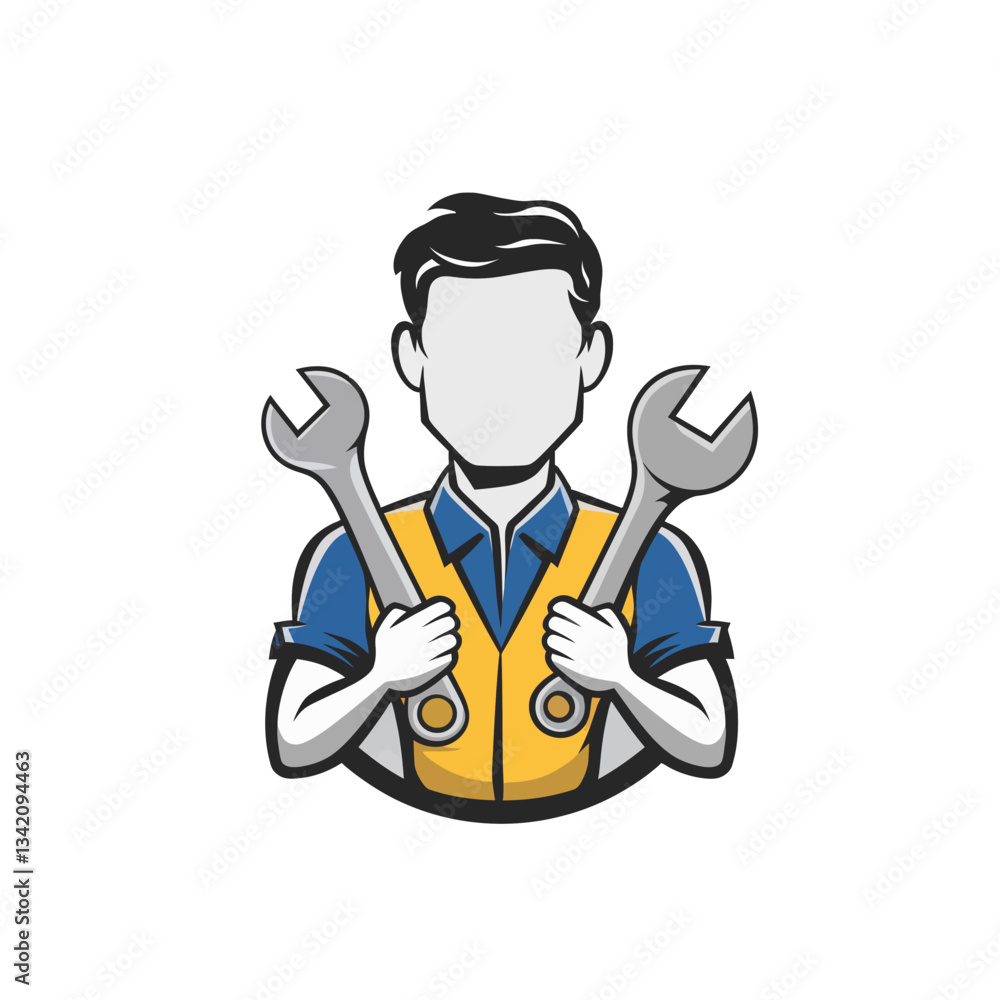 A stylized character with a blank face holds two large wrenches crossed in front A stylized character with a blank face holds two large wrenches crossed in front
