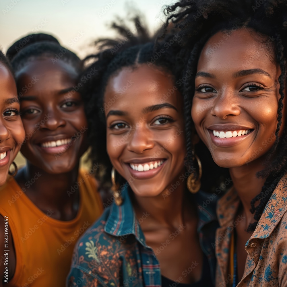 Group portrait of smiling african women during black history month celebration. Four elegant girls in stylish diverse clothes. Beauty, culture, heritage, pride, charisma, joy, oneness, love, Group portrait of smiling african women during black history month celebration. Four elegant girls in stylish diverse clothes. Beauty, culture, heritage, pride, charisma, joy, oneness, love,
