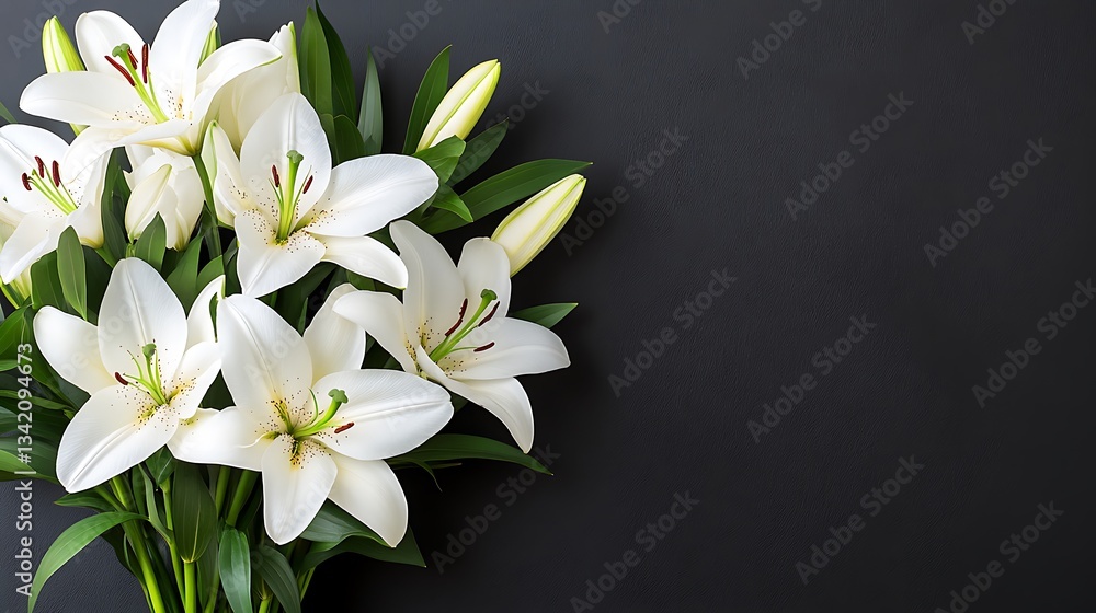 Fototapeta premium A Beautiful Bouquet of White Lilies on a Black Background
