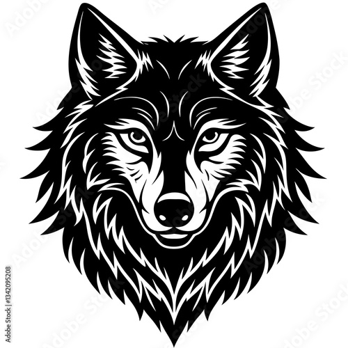 Monochrome Wolf Portrait: A striking black and white illustration of a majestic wolf, staring intently, its features meticulously detailed to convey strength and alertness.
