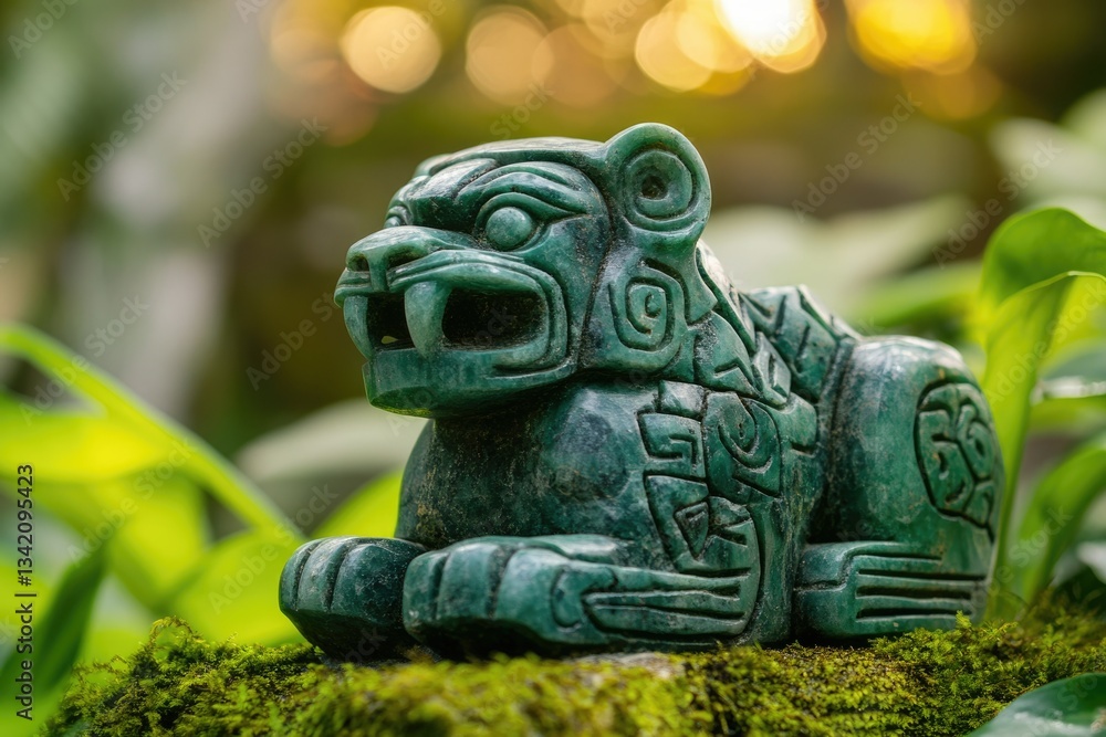 Intricate jade carving of a jaguar, resting on moss, bathed in soft sunlight. Intricate jade carving of a jaguar, resting on moss, bathed in soft sunlight.