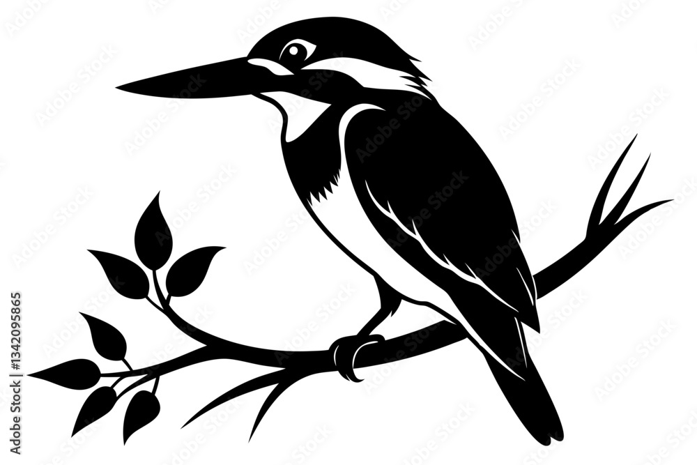 Obraz premium kingfisher sitting on a branch line art silhouette vector illustration