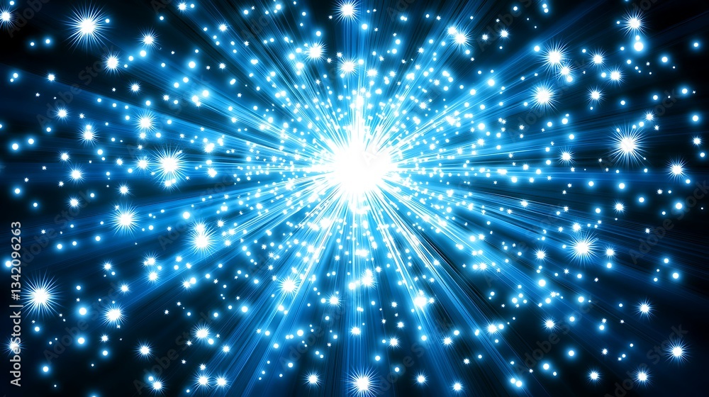 Fototapeta premium Bright blue light radiates outwards with glowing star particles