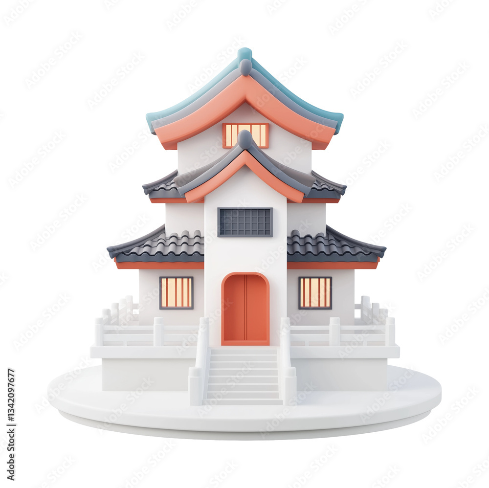 Fototapeta premium Stylized Three-Story Asian Pagoda with Detailed Architectural Design PNG on Transparent Background