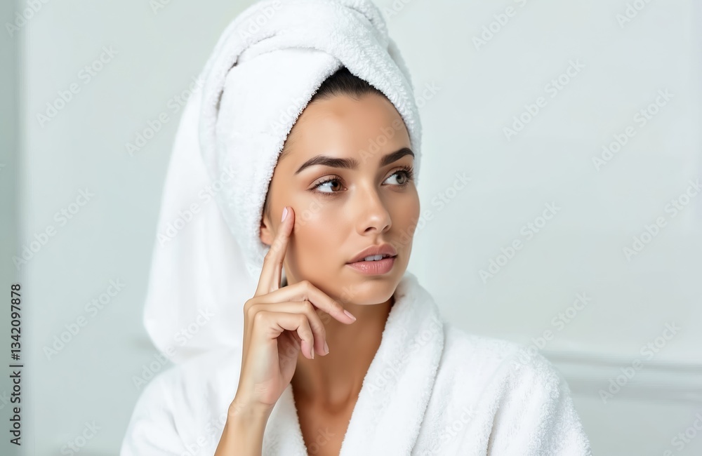 Beautiful woman with healthy skin and towel on head in day spa. European female feels refreshed after bath procedures, dressed in robe. Natural fresh portrait in wellness center. Beautiful woman with healthy skin and towel on head in day spa. European female feels refreshed after bath procedures, dressed in robe. Natural fresh portrait in wellness center.