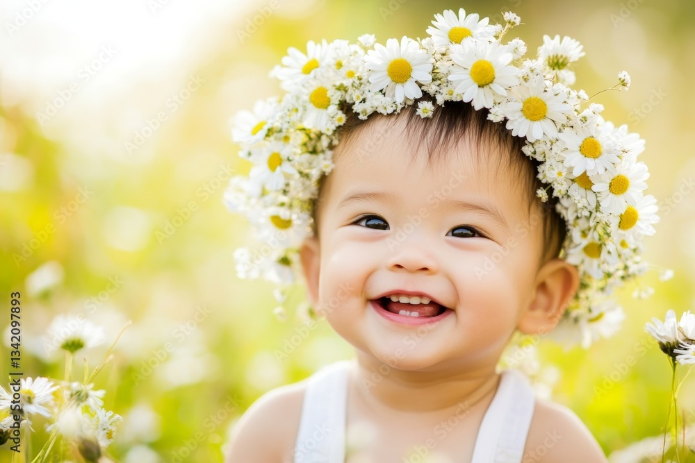 Smiling asian infant boy with tt hair wearing white flower crown on his head. Sunny daylight. Happy summertime holidays concept art. Floral aesthetics for young boys. Smiling asian infant boy with tt hair wearing white flower crown on his head. Sunny daylight. Happy summertime holidays concept art. Floral aesthetics for young boys.