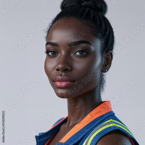 Portrait of a young black construction worker in overalls and a sleeveless orange shirt with jewelry
