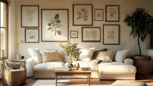 Soft light fills the rustic living area adorned with botanical artwork on the walls. A comfortable sofa, a coffee table, and a vase of flowers create an inviting atmosphere.