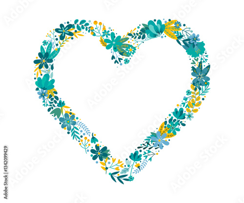Coeur composé de multiples fleurs, feuilles et branches pour illustrer l'amour - Saint valentin, événement amoureux ou témoignage - Motifs floraux modernes, design éditable et festif - Illustration