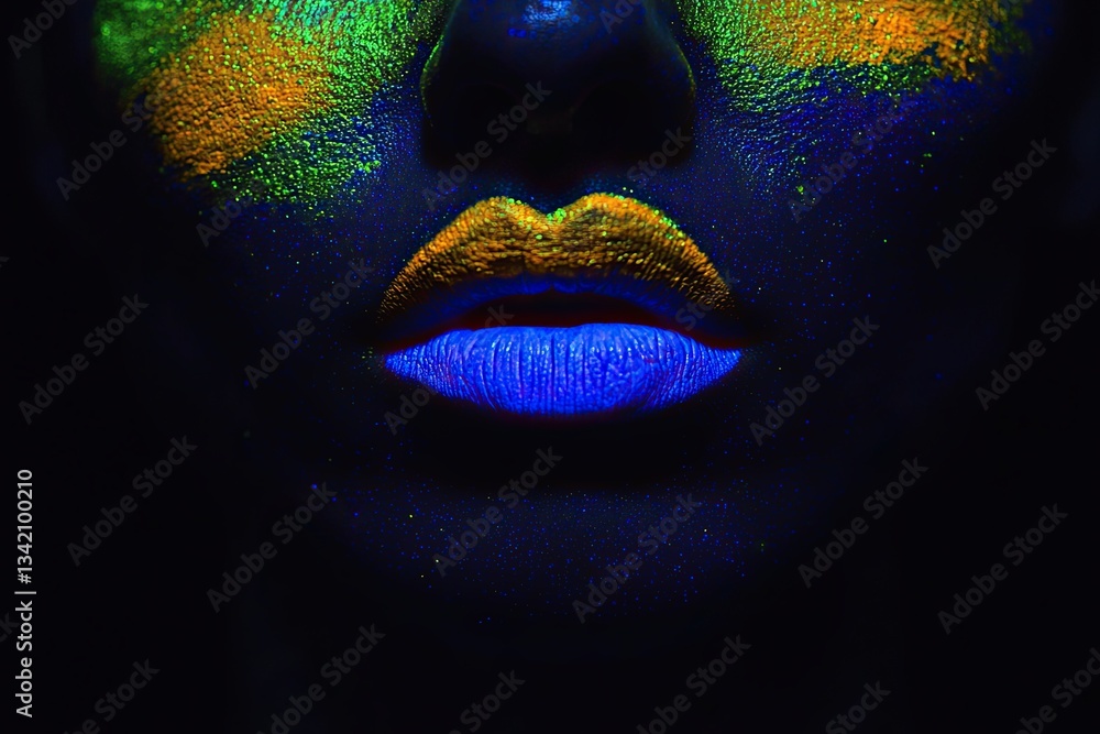 A stunning portrait of a fashionable woman illuminated by neon UV lights. The model showcases vibrant, fluorescent, and psychedelic makeup, embodying a creative art design. She resembles a disco A stunning portrait of a fashionable woman illuminated by neon UV lights. The model showcases vibrant, fluorescent, and psychedelic makeup, embodying a creative art design. She resembles a disco
