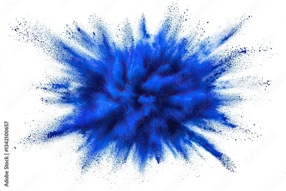 A close-up view of an abstract brown powder explosion, with blue dust particles splashing dramatically, isolated on a clean white background A close-up view of an abstract brown powder explosion, with blue dust particles splashing dramatically, isolated on a clean white background