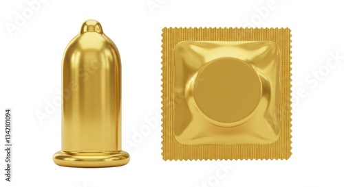 Isolated Golden Condom and Wrapper