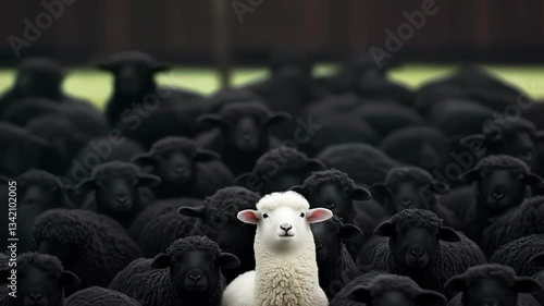 A white sheep standing out among a flock of black sheep, creating a strong contrast in a dark background. Concept of uniqueness and individuality
