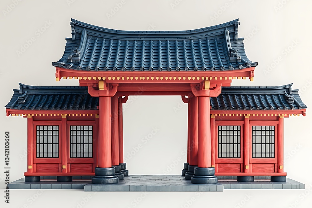 Fototapeta premium 3D Render of Traditional Japanese Gate, Red Wooden Torii Entrance, Asian Architecture