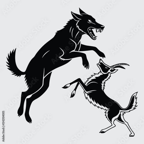 A wild dog tackling a gazelle mid-air image silhouette design vector art and illustration