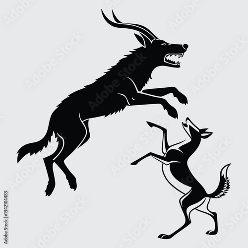 A wild dog tackling a gazelle mid-air image silhouette design vector art and illustration