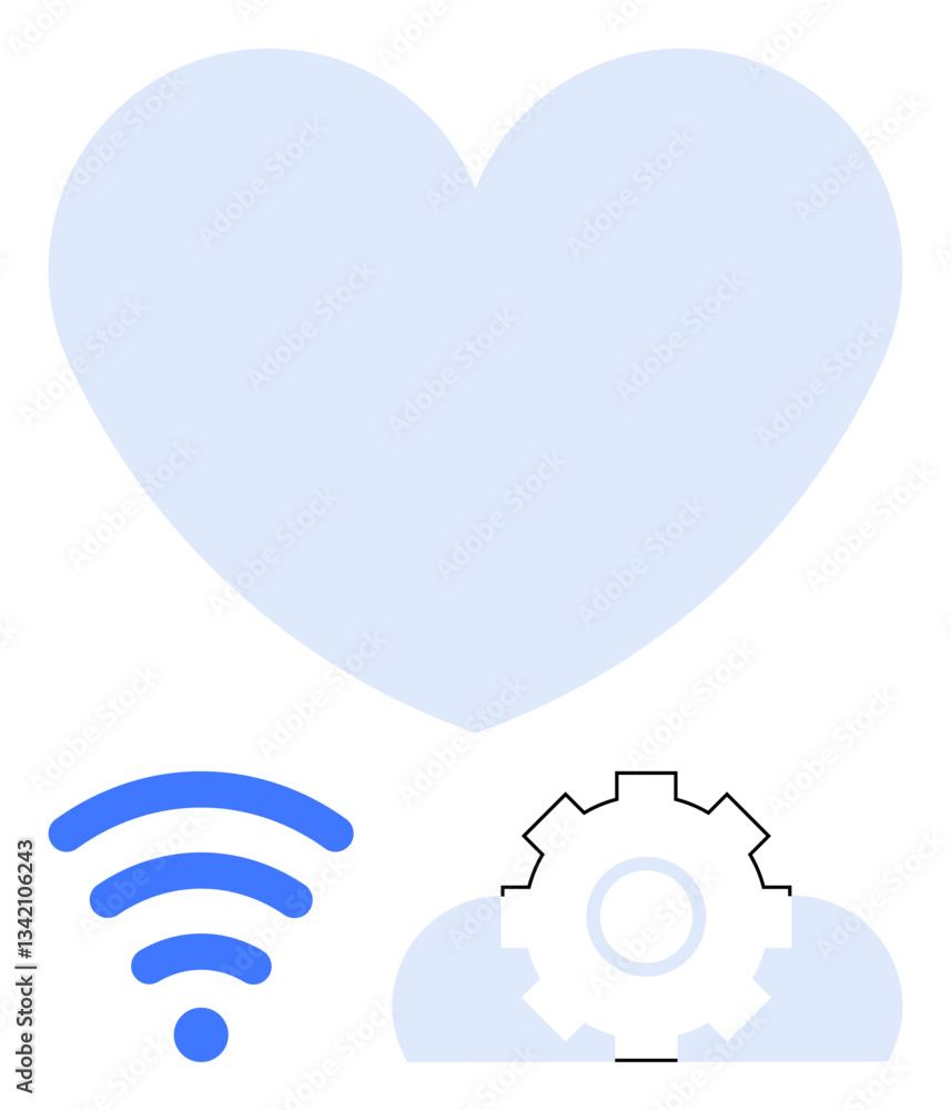 Pastel heart symbol above wireless signal, cloud, and gear indicating healthcare, technology, and connection. Ideal for innovation, health systems, app design, teamwork cloud computing analytics Pastel heart symbol above wireless signal, cloud, and gear indicating healthcare, technology, and connection. Ideal for innovation, health systems, app design, teamwork cloud computing analytics