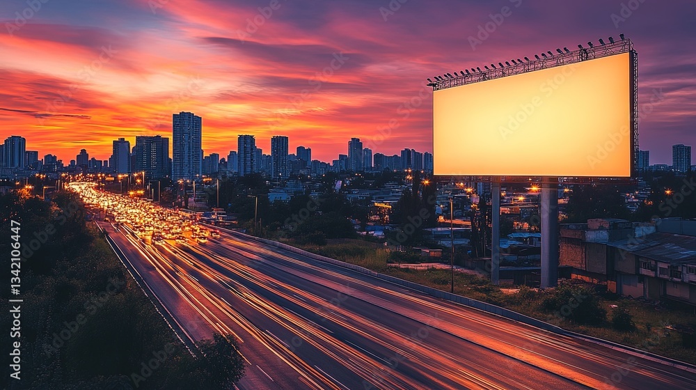 Obraz premium A tall blank billboard glowing in the evening light, with a busy road below 