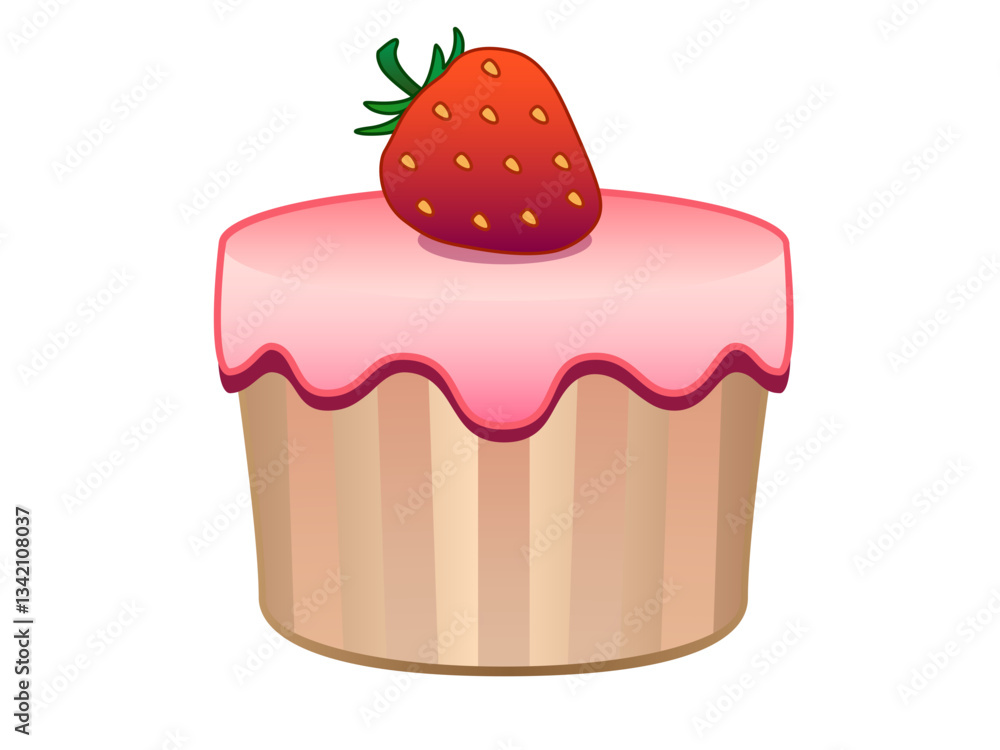 Strawberry sponge cake - sweet pastries. Creamy strawberry muffin. A cupcake with icing and strawberries is a vector full-color picture of a pastry. Strawberry sponge cake - sweet pastries. Creamy strawberry muffin. A cupcake with icing and strawberries is a vector full-color picture of a pastry.
