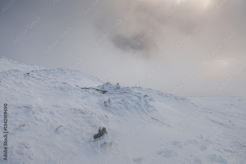 Babia Góra at sunset, covered in winter snow. A stunning mountain landscape in Babia Góra National Park, Poland. Golden light contrasts with icy peaks, creating a breathtaking view for nature and trav