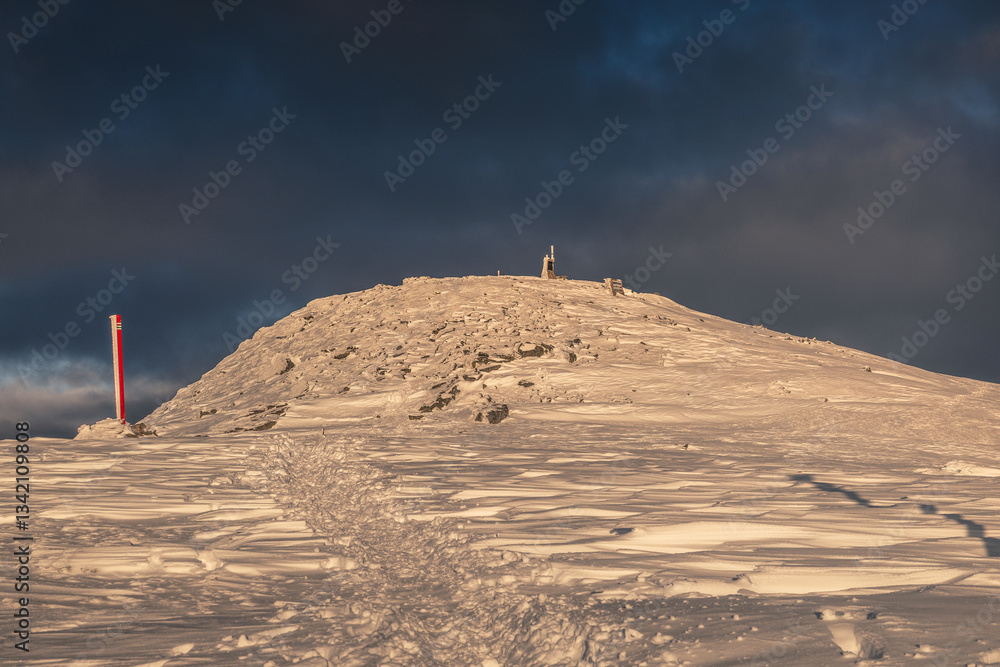 Babia Góra at sunset, covered in winter snow. A stunning mountain landscape in Babia Góra National Park, Poland. Golden light contrasts with icy peaks, creating a breathtaking view for nature and trav