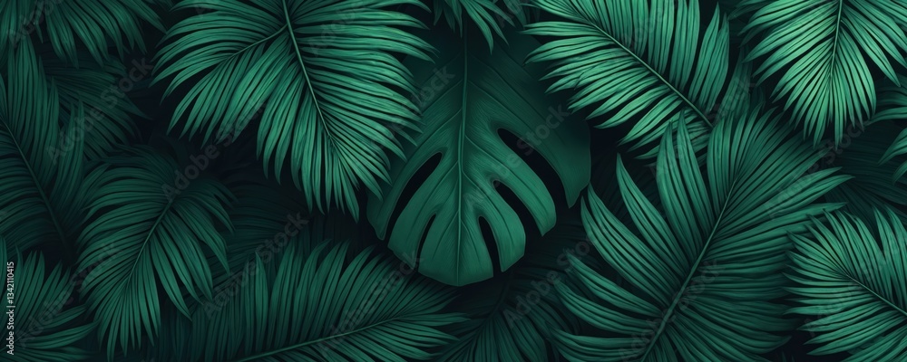 Dark green monotone photo of palm and monstera leaves creates nature-inspired elegant, simple design on deep forest background. Natural background can be used for eco themes, spa, relaxation. Dark green monotone photo of palm and monstera leaves creates nature-inspired elegant, simple design on deep forest background. Natural background can be used for eco themes, spa, relaxation.