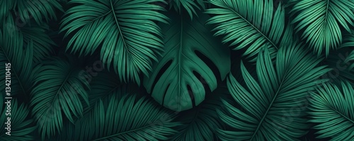 Dark green monotone photo of palm and monstera leaves creates nature-inspired elegant, simple design on deep forest background. Natural background can be used for eco themes, spa, relaxation.