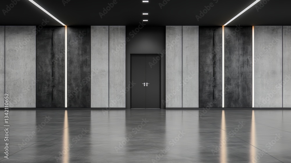 Obraz premium Large, empty room with a black door and a white sign on the door. The room is bare and empty, with no furniture or decorations
