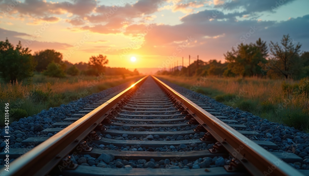 Fototapeta premium Railway track stretches toward sunset, journey, travel. Sunlight reflects on rails, creating warm glow. Industrial landscape evokes motion, transportation, tourism themes, potential for commercial